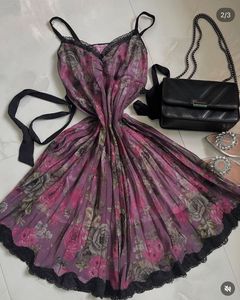 Floral Print Slip Dress with Lace Trim