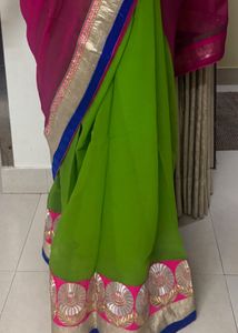 Pink &amp; Green Saree With Bluse And Petticoat