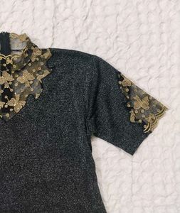 Sparkly Black Top with Lace Collar