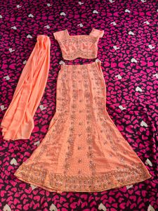 Peach Fish cut Lehenga Choli Set