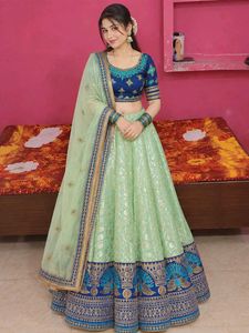 wedding pista green peacock heavy work lehenga set