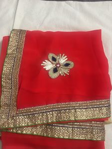 Vibrant Red Saree with Golden Border