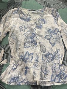 Blue & White Floral Print Peplum Blouse