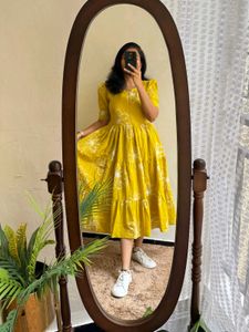 Yellow Floral Tiered Midi Dress