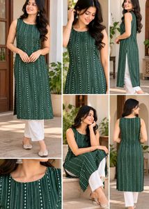 Bottle Green Printed Sleeveless Straight Kurti