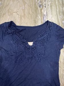 Navy Blue T-Shirt with Lace Neckline
