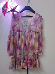 Floral Print shimmer Bell Sleeve Mini Dress
