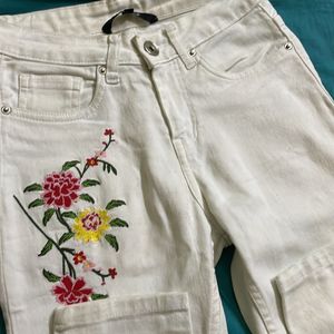 Embroidered Floral White Jeans