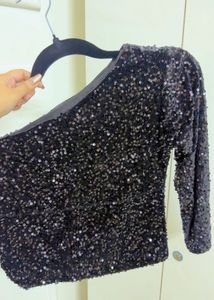 Sparkly Black One-Shoulder Sequin Top