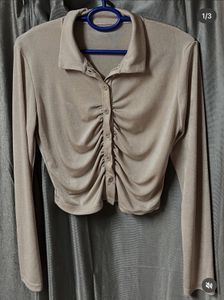 Ruched Button-Up Collared Top