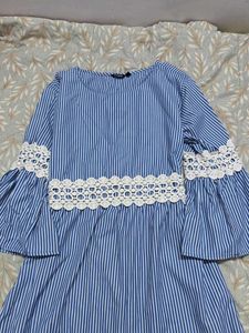 Striped Blue Dress with Lace Detail