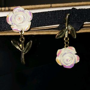 Iridescent White Rose Asymmetric Drop Earrings