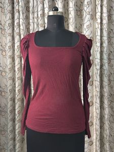Maroon Puff Sleeve Square Neck Top