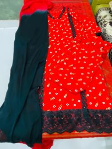 Red Printed Kurta with Black Bottom