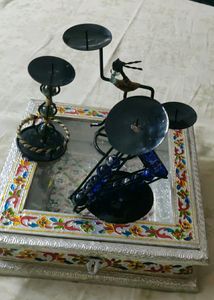 Wooden Meenakari Box &amp; Set Of 3 Candle Stand