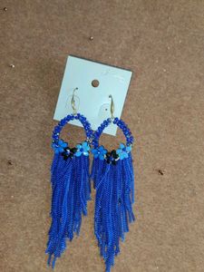 Vibrant Blue Tassel Hoop Earrings