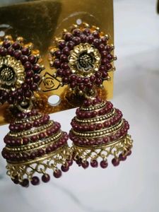 Maroon &amp; Gold Jhumka Earrings