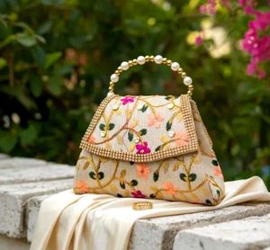 Embroidered Clutch with Pearl Handle