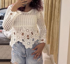 Charming White Woolen Crochet Top ❄️✨