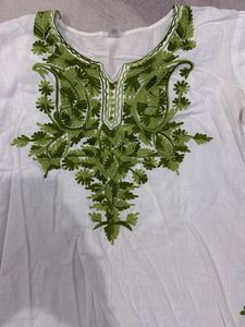 White Kurta with Green Embroidery