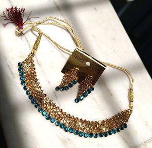 Gold &amp; Blue Gemstone Necklace Set