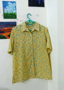 Yellow Floral Short Sleeve Button-Up Top