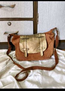 Brown Suede & Gold Textured Shoulder Bag