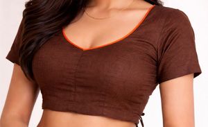 Brown V-Neck Blouse with Orange Trim