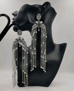 Attractive Oxidised Silver Earrings With Chain