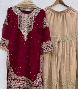 Maroon Kurta Set with Beige Palazzo