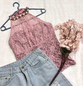 🎁Y2K Lace Halter Neck Top with Pearl Detail J