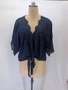 Navy Blue Tie-Front Broderie Top