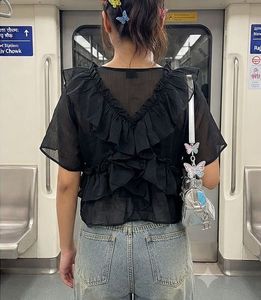 Chic Ruffled Black Sheer Top