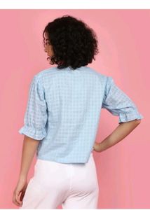 Chic Light Blue Checkered Button-Up Top