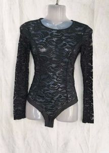 6206. Sheer Black Lace Long Sleeve Bodysuit