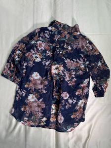 Navy Floral Print Sheer Blouse