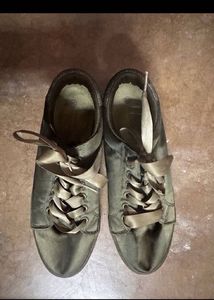 Olive Green Satin Sneakers with Ribbon Laces