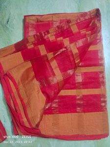 Brand New Red Checks Cotton Mix Sari