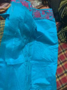Blue Saree with Pink Floral Border without blouse