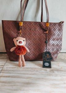 🆕Stylish Brown Tote Bag with Bear Charm