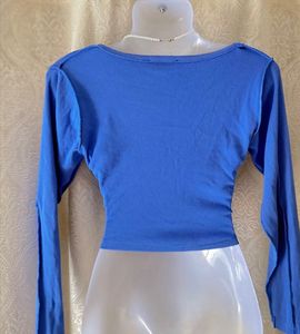 Blue Ribbed Crop Top with Long Sleeves