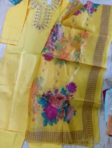 bust 34 Vibrant Yellow Embroidered Kurta Set with