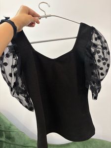 Black Polka Dot Puff Sleeve Top