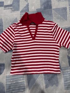 Striped Cropped Polo Neck Top