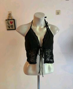 Black Lace Halter Neck Crop Top