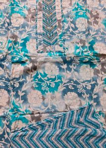 `Teal Blue Floral Cotton 3pc  dress material,Suit