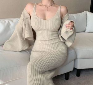 Beige Ribbed Midi Dress