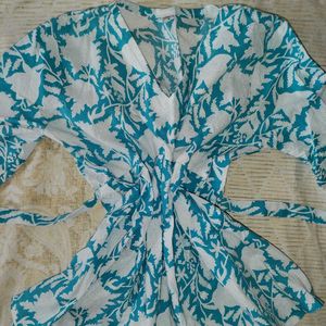 Floral Print White & Blue short kurti