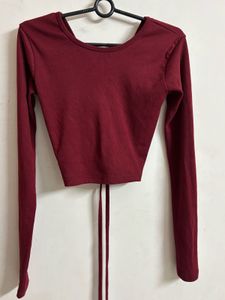 Burgundy Long Sleeve backless Crop Top
