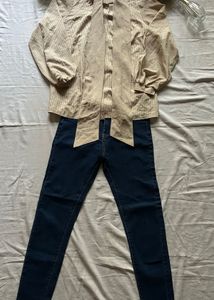 Chic Striped Button-Up Blouse& jeans